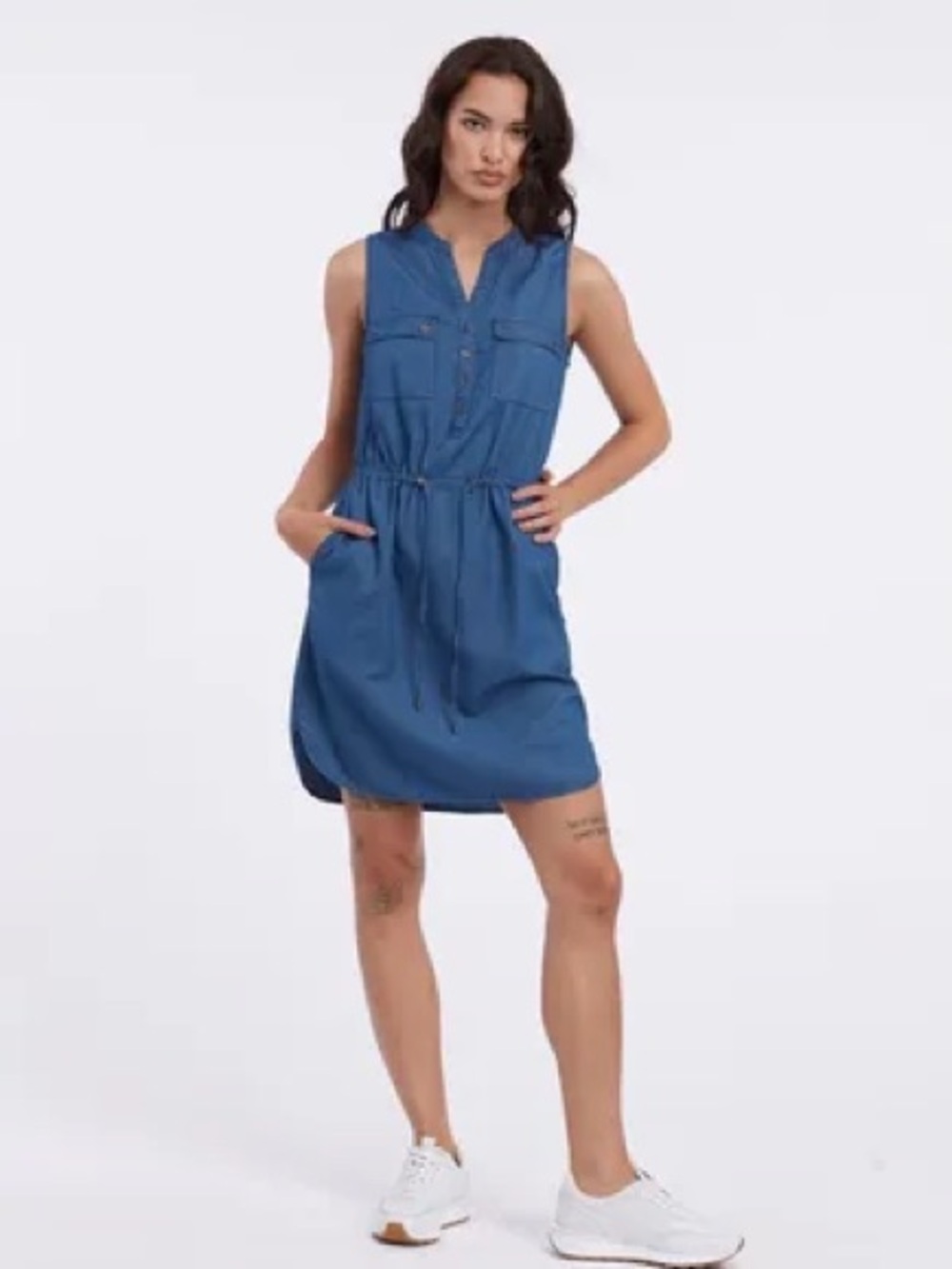 Sleeveless Navy Blue Shirt Dress with Drawstring Waist